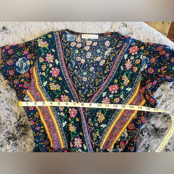 NWT Boho floral wrap mini dress Blue & Multicolored Juniors Large Women Small - Picture 14 of 15